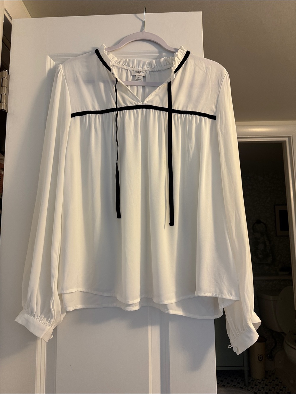 J. Crew White Peasant Blouse with Black Trim and Ties